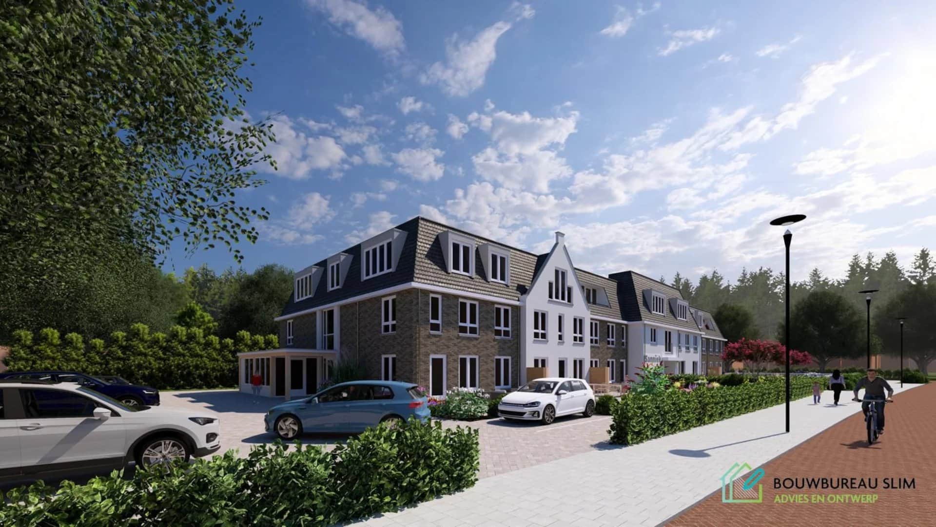 Impressie van het nieuwe appartementengebouw vanaf de straat.